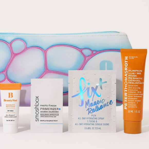 Skincare Sample Set w/ Clinique Makeup Bag – Smashbox, MAC Fix+, BeautyStat, PTR - Picture 1 of 8